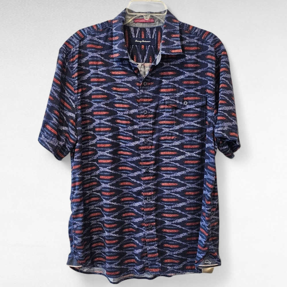 Tommy Bahama Island Ikat Camp Shirt Blue and Red T-317268 Size XL
